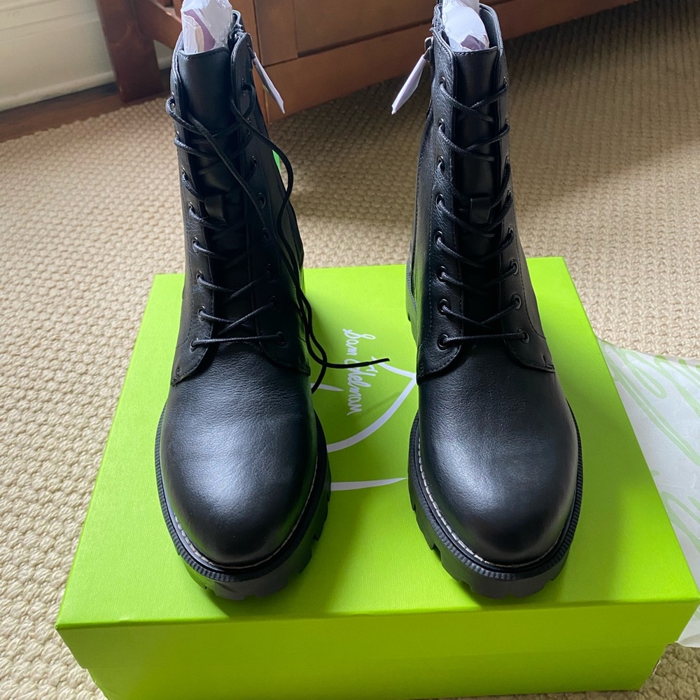 Sam Edelman Garret Platform Black Leather Combat Boots - New in Box